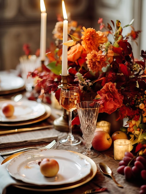 Hermosa mesa de otoño con decoración de mesa de otoño con flores y velas.