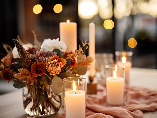 Hermosa mesa de otoño con decoración de mesa de otoño con flores y velas.