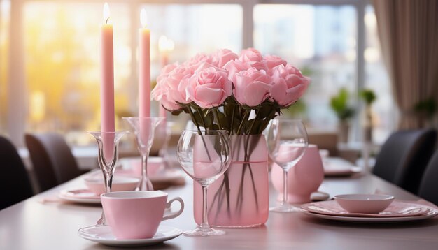 hermosa mesa con rosas rosas velas y tazas en el restaurante