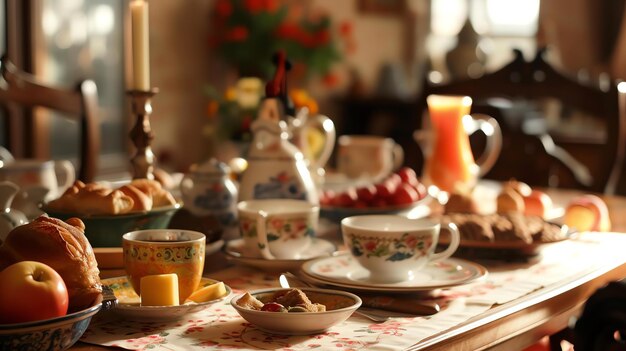 Una hermosa mesa con una variedad de comida y bebidas hay croissants pan fruta y té la mesa está decorada con flores y velas