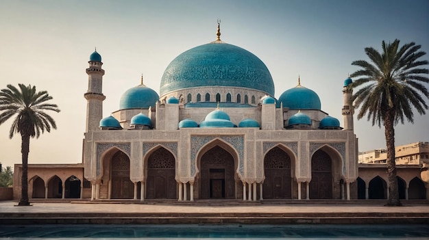 Hermosa mezquita blanca con cúpulas y minaretes al atardecer Reflexión de la luz en la superficie del agua