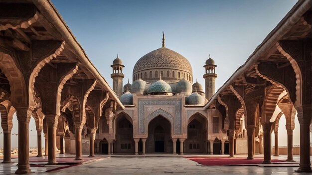 Foto hermosa mezquita blanca con cúpulas y minaretes al atardecer reflexión de la luz en la superficie del agua