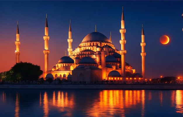 Hermosa mezquita en la ciudad nocturna de Estambul, Turquía