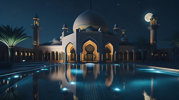 Una hermosa mezquita con fondo nocturno