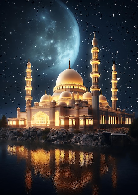 Una hermosa mezquita islámica con cielo nocturno estrellado