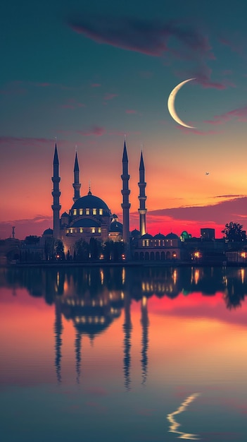 hermosa mezquita llamativa con luna creciente en el fondo al atardecer y reflejada por el lago