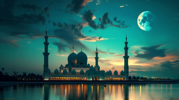 Hermosa mezquita con luna creciente en el fondo