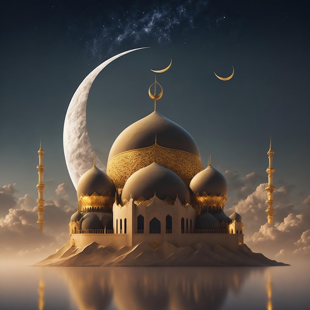 Hermosa mezquita con luna fondo islámico AI generativa