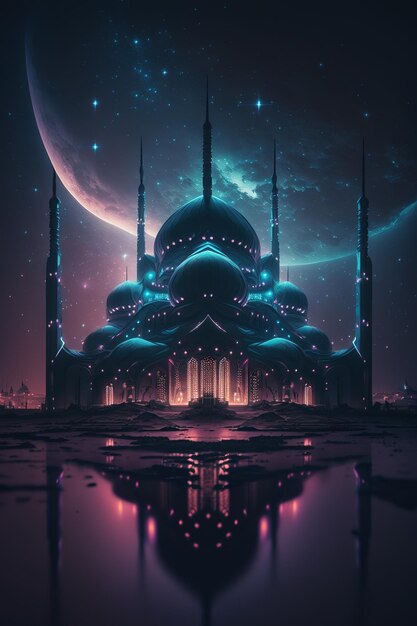 hermosa mezquita con luz brillante de neón