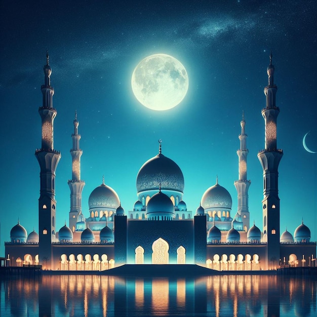 Foto hermosa mezquita por la noche gran mezquita con minaretes y cúpula