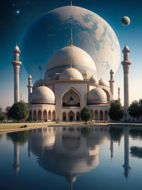 Una hermosa mezquita con un planeta en el fondo