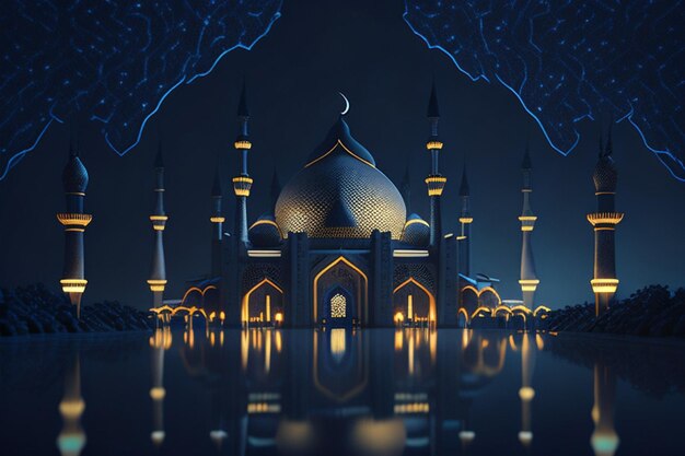 La hermosa mezquita serena por la noche en el bendito mes de Ramadán el iluminado generativo ai