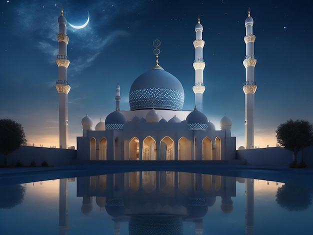 La hermosa mezquita serena por la noche en el bendito mes de Ramadán el iluminado