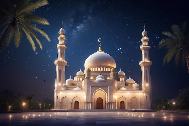 Foto la hermosa mezquita serena por la noche en el bendito mes de ramadán el iluminado