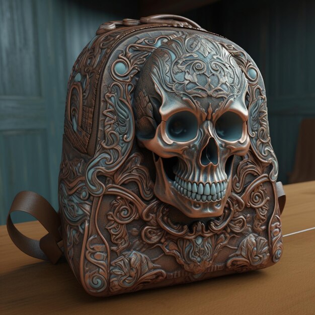 Hermosa mochila dulce cuero tallado colores calaveras Ai generó arte