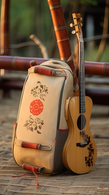 Una hermosa mochila de estilo polinesio hecha de tela de color crema con dibujos y un ukulele