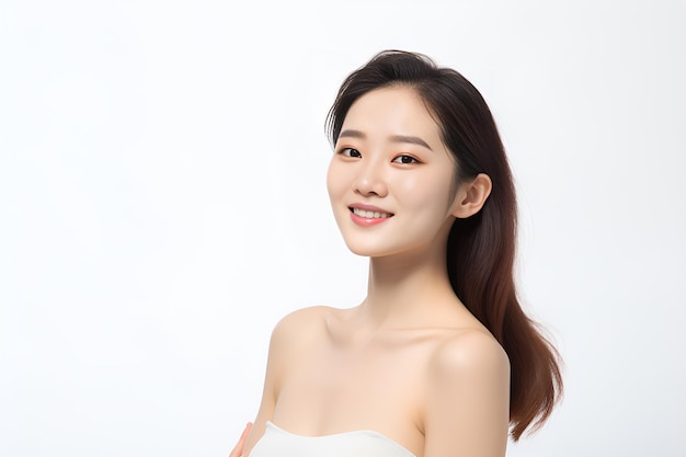 Una hermosa modelo asiática coreana de cuidado estético de la piel con la piel perfecta sonriendo aislada