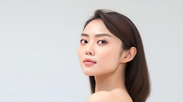 Una hermosa modelo asiática con una mano acariciando su mejilla sobre un fondo blanco.