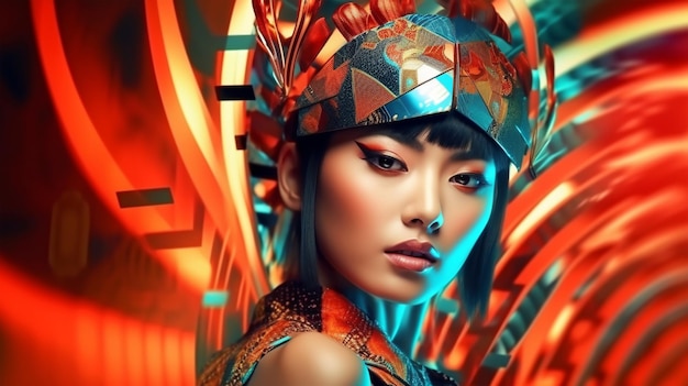 Hermosa modelo asiática en neón de estilo futurista de fondo magenta para pancartas de carteles AI generado