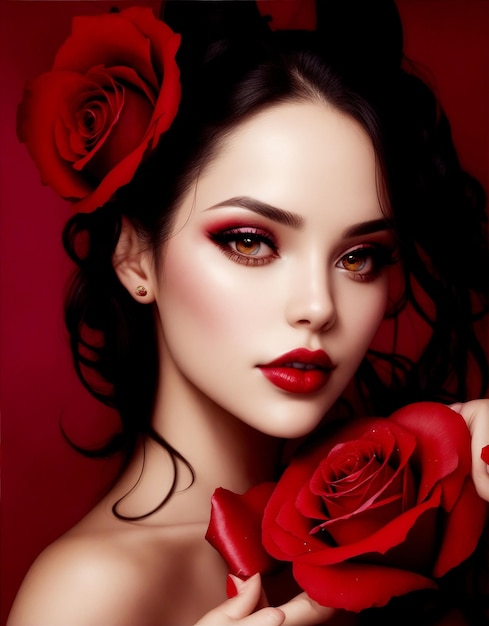 Una hermosa modelo de belleza con rosas