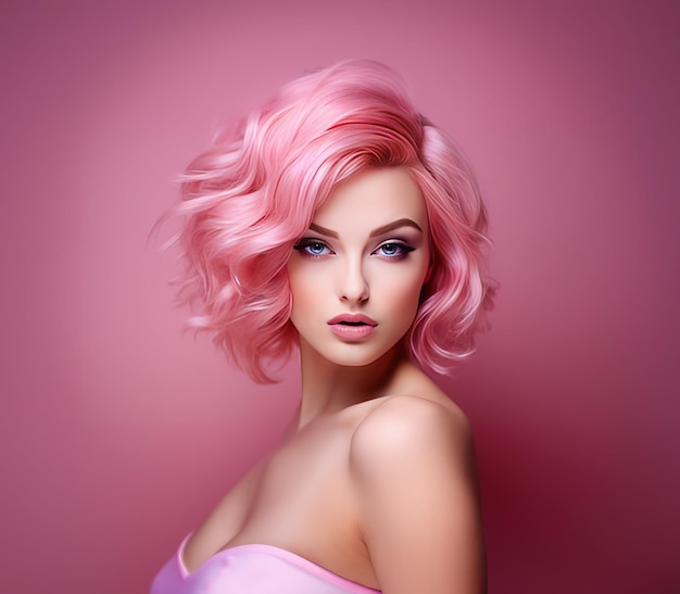 Hermosa modelo de cabello rosado para publicidad Copiar espacio para texto Generative Ai