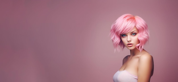 Hermosa modelo de cabello rosado para publicidad Copiar espacio para texto Generative Ai