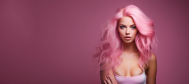 Hermosa modelo de cabello rosado para publicidad Copiar espacio para texto Generative Ai
