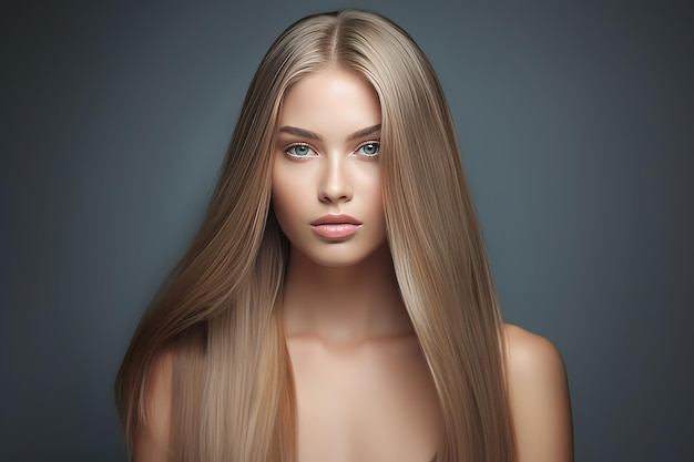 hermosa modelo con cabello rubio largo y suave aislado en el fondo gris del estudio