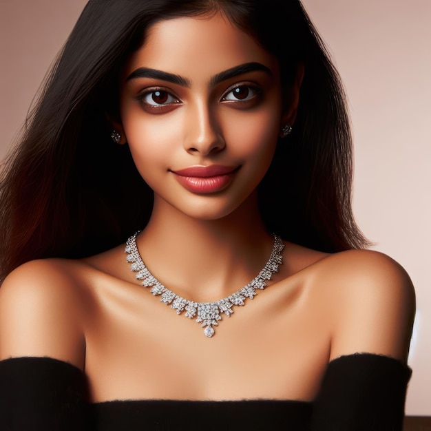 Una hermosa modelo de chica india que muestra un magnífico collar de diamantes aislado en un fondo limpio