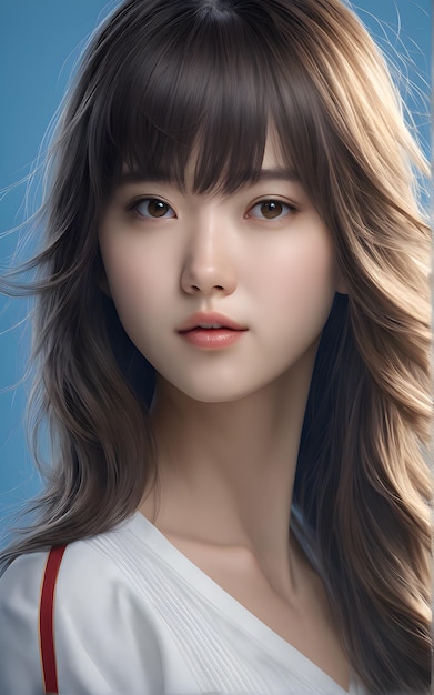 Hermosa modelo coreana sobre fondo azul.