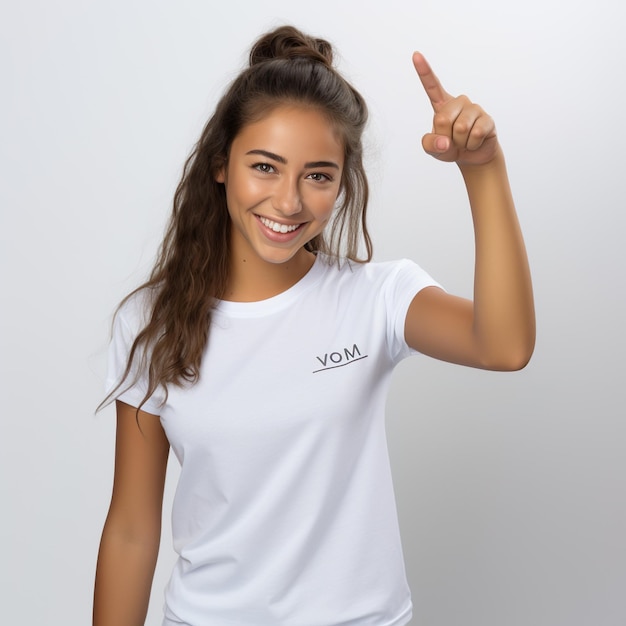 Una hermosa modelo femenina con camiseta blanca haciendo diferentes gestos con las manos