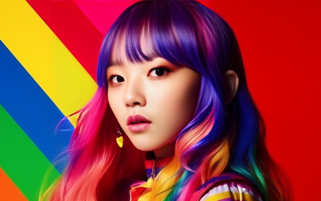 Hermosa modelo femenina de South Koren con atuendo y fondo de colores vibrantes