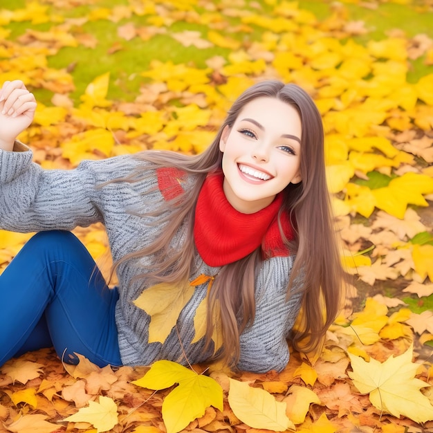 Hermosa modelo con hojas de otoño mujer joven en traje de otoño durante la caída de hojas