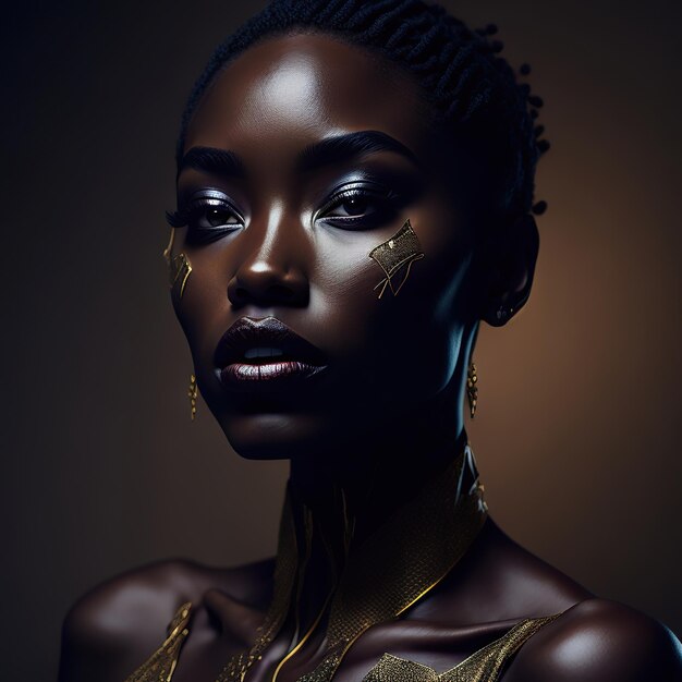 Hermosa modelo con maquillaje dorado sobre un fondo oscuro