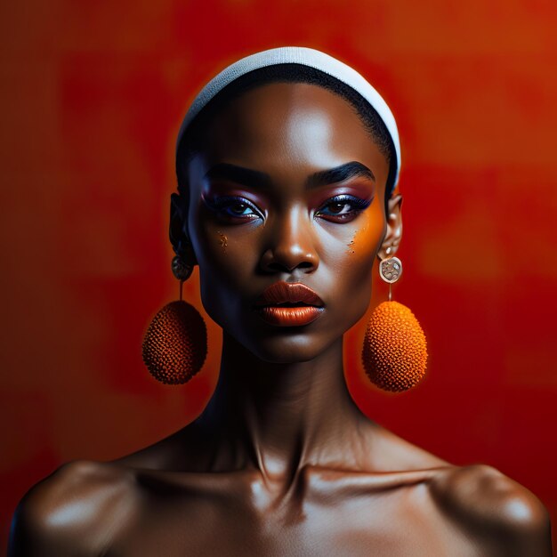 Hermosa modelo con maquillaje naranja sobre un fondo oscuro