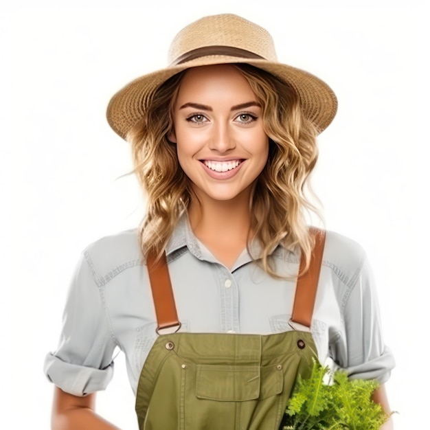 Hermosa modelo de mujer blanca vestida como jardinero sonriendo Vista frontal de tiro medio sobre un fondo blanco