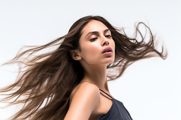 Hermosa modelo con pelo volador largo y suave aislado sobre fondo de estudio blanco oscuro