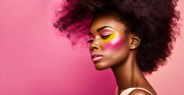 Hermosa modelo de piel oscura con maquillaje creativo sobre un fondo rosa Generación de IA