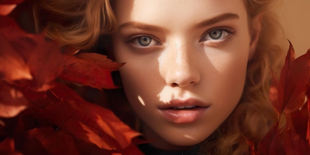Hermosa modelo rubia posando en otoño con hojas rojas Banner de moda de otoño