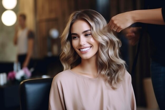 hermosa modelo rubia en el salón de peluquería