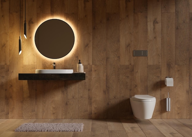 Hermosa y moderna sala de baño WC lavabo lámparas colgantes textura de madera Interior del hogar o del hotel en estilo contemporáneo Diseño de sala de baño de lujo Proyecto de diseño de interiores Render 3D