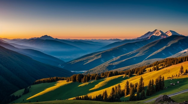 Hermosa montaña con amanecer y luz suave.