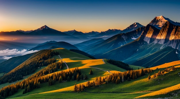 Hermosa montaña con amanecer y luz suave.