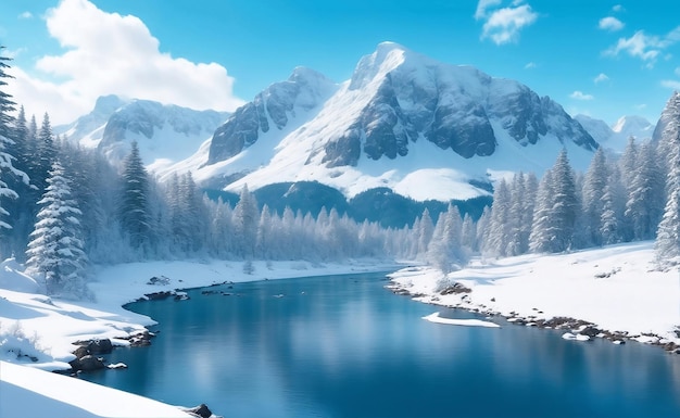 Foto hermosa montaña de nieve con río ilustración de ia generativa