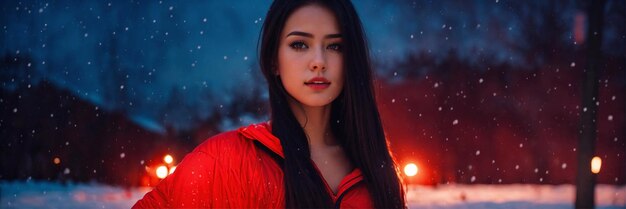 Foto hermosa morena en el clima de la noche nevada