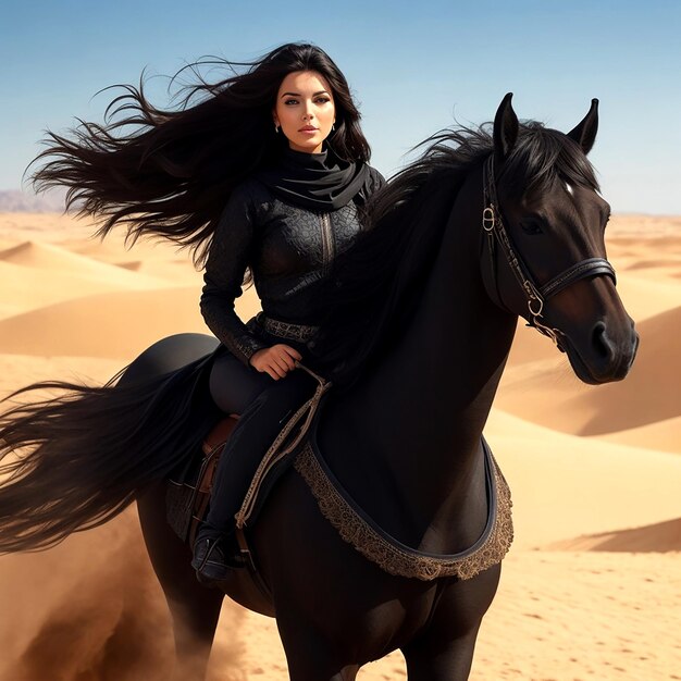 Una hermosa morena con vestido negro en un desierto.