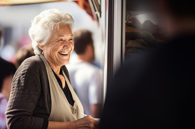 Hermosa mujer de 80 años sonriente vendiendo comida callejera en un camión en el festival