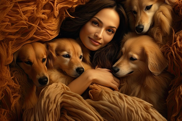 hermosa mujer abrazando a los lindos perros