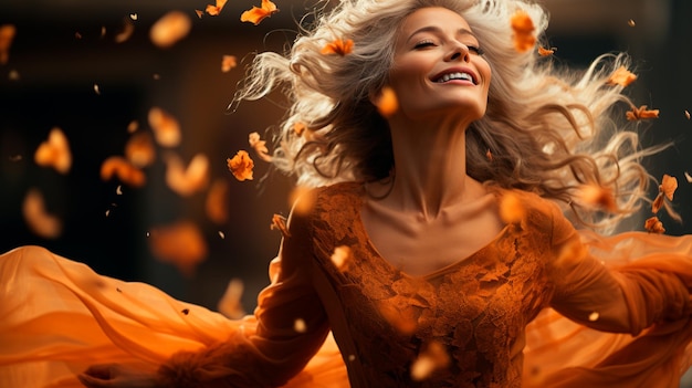 hermosa mujer en abrigo de otoño naranja con volar volar