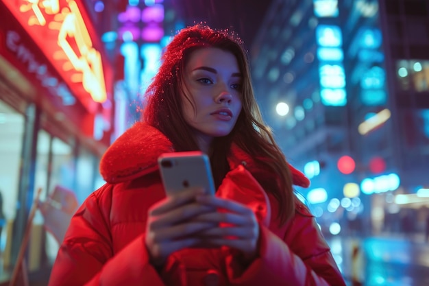 Hermosa mujer con abrigo rojo navegando por la vida nocturna urbana